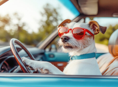 Funny jack russell dog driving a vintage convertible car wearing red sunglasses enjoys summer vacation