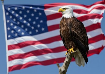 Naklejka premium Bald Eagle Perched Proudly with American Flag Waving in the Background