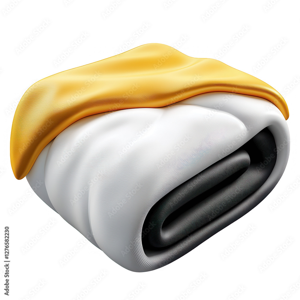 Poster a 3d render of a blanket featuring a yellow top layer and white and black underneath, creating a sof
