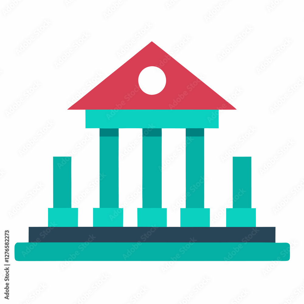Poster a stylized depiction of a building with columns and a triangular roof in teal and red colors. busine