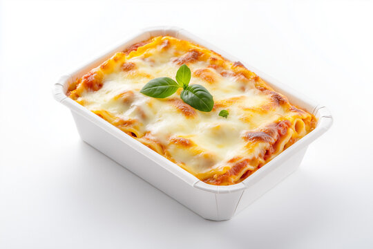 Selective focus fresh baked lasagna with grilled cheese on top, Top view cheese lasagna with basil in ceramic tray.