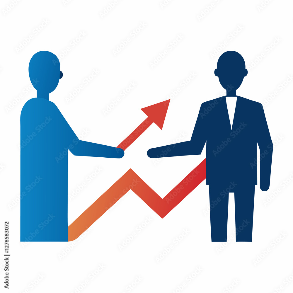 Poster two people with a red arrow pointing up showing growth and progress in a business setting graphic. b