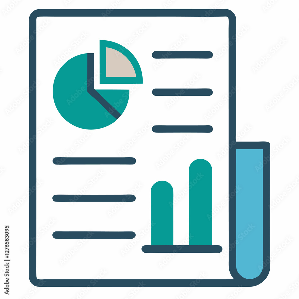 Poster illustration of document with pie chart bar graph and lines in teal and light blue color scheme desi