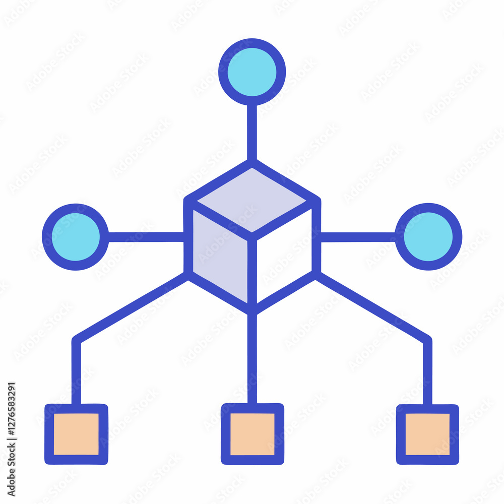 Aufkleber a diagram with a cube in the center connected to circles and squares with lines on white background.