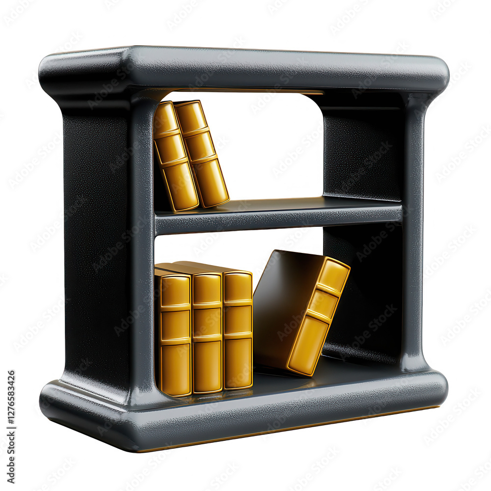 Poster a 3d render of a dark bookshelf showcasing several golden books. this modern design emphasizes elega