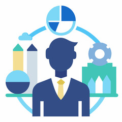 Illustration of a person in a suit with charts and graphs around them in a circular design style. Business themed Graphic resource.