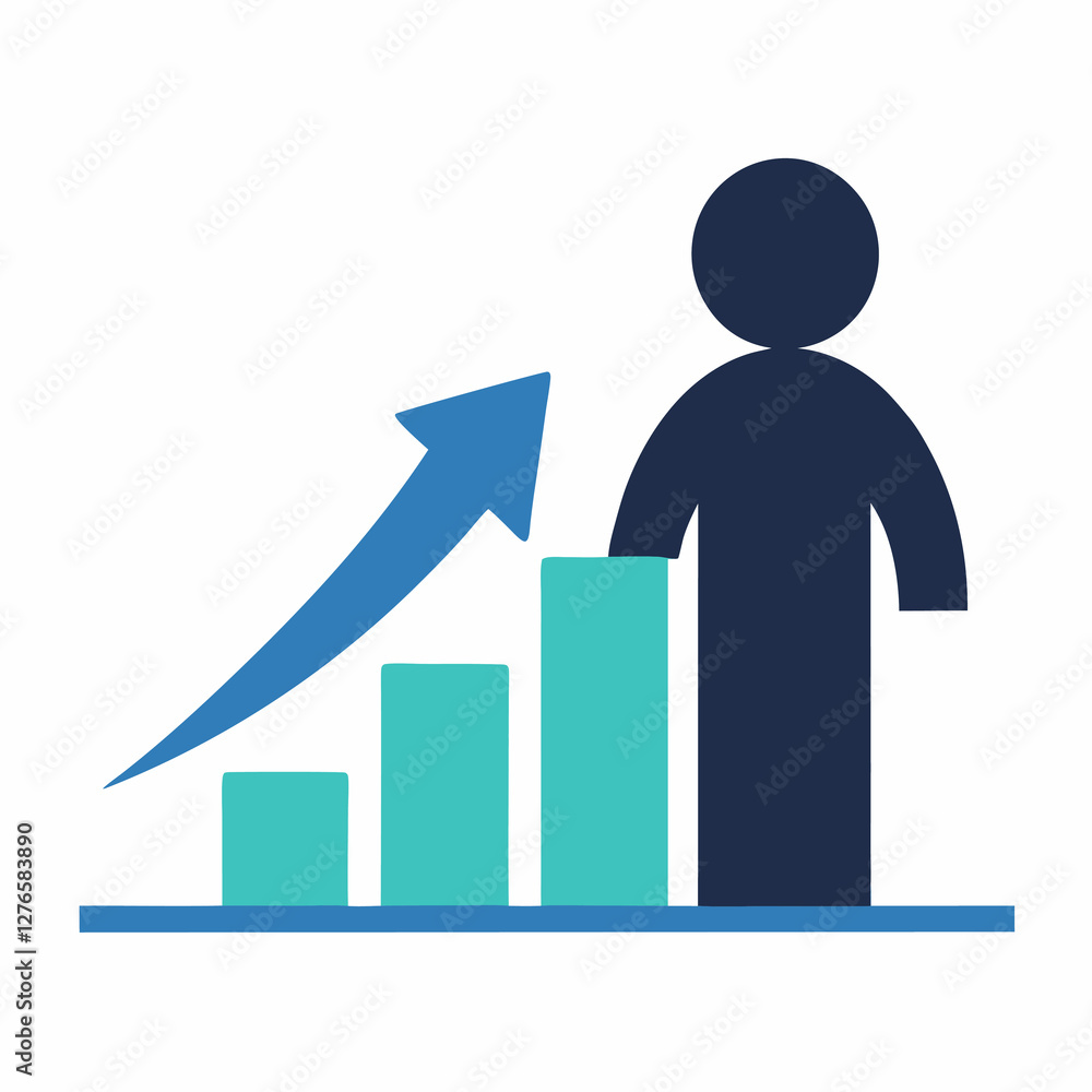 Poster illustration of a person standing next to a bar graph with an arrow pointing upwards in blue color. 