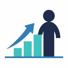 Illustration of a person standing next to a bar graph with an arrow pointing upwards in blue color. Business themed Graphic resource.