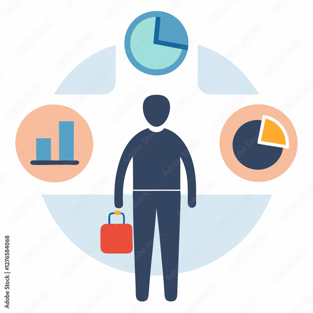 Poster a person with charts and a briefcase representing business and time management in a graphic design. 