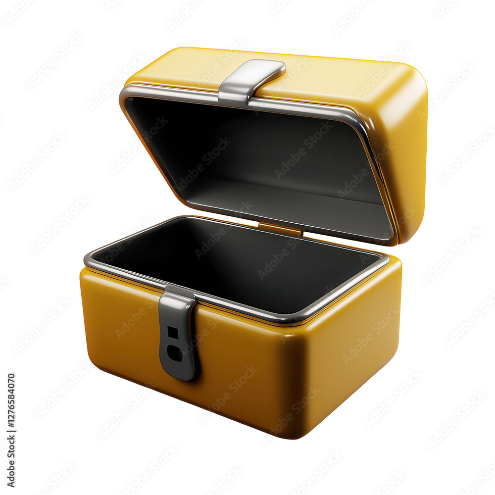 Poster this image displays an open yellow container with a metallic clasp, showcasing a dark interior. the 