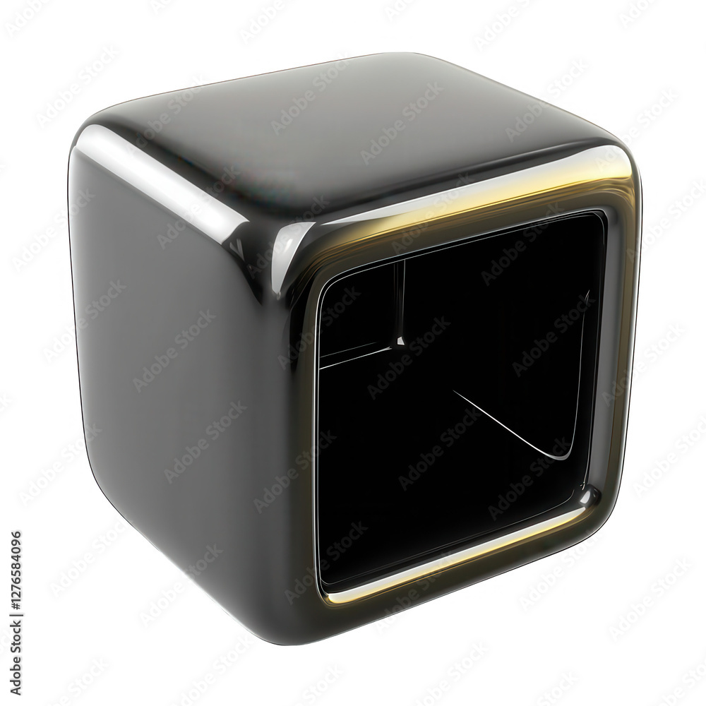 Poster a sleek black glossy cube with smooth edges and a hollow center, designed in 3d rendering style. per