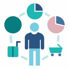 Obraz premium A person surrounded by a circle, pie charts, a suitcase, and a shopping cart icon illustration. Business themed Graphic resource.