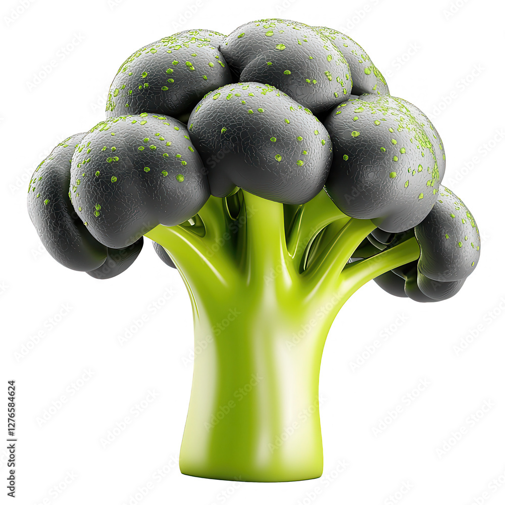 Poster a stylized 3d render of broccoli showcasing a unique black and green color scheme. ideal for food il