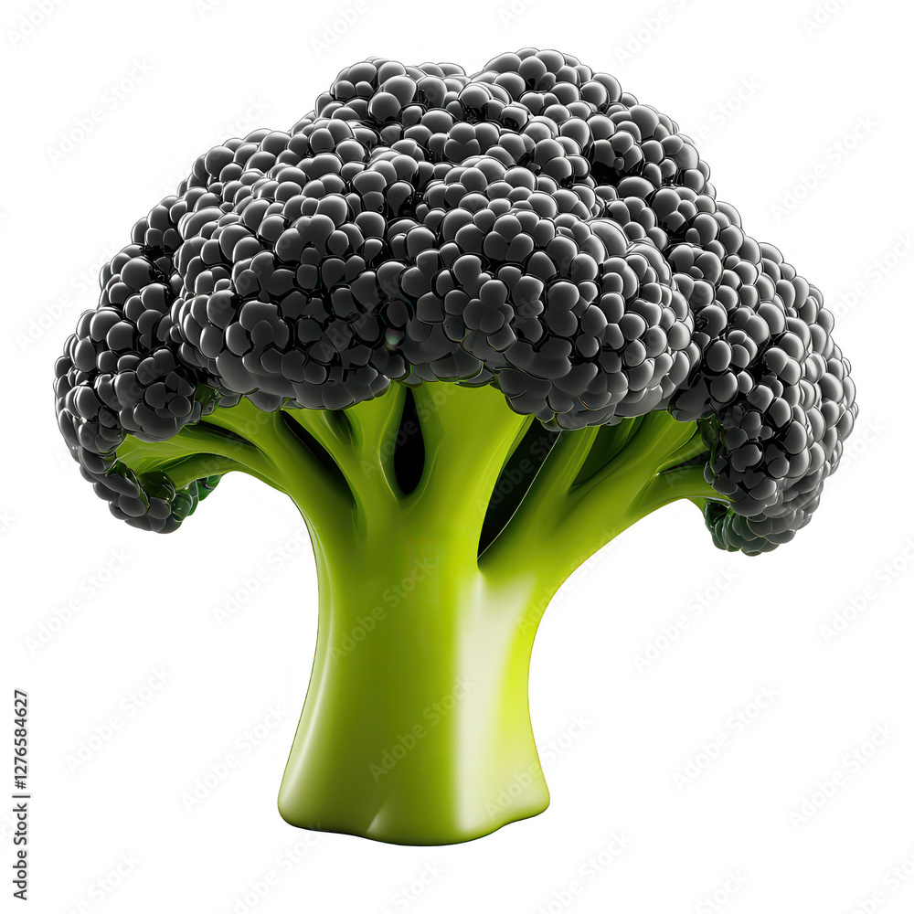 Poster a 3d render of broccoli designed with a unique black coloration against a transparent background, sh