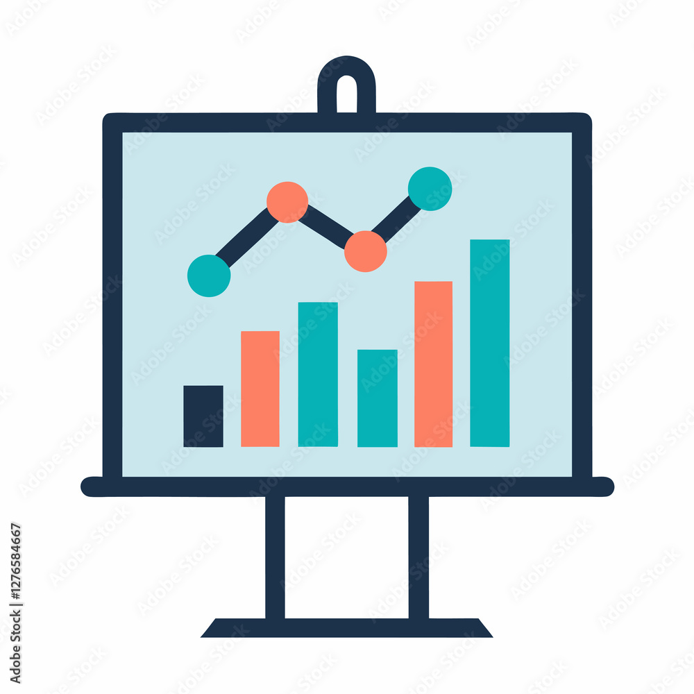 Poster a presentation board showing a bar graph and a line graph with a dark blue border and stand. busines