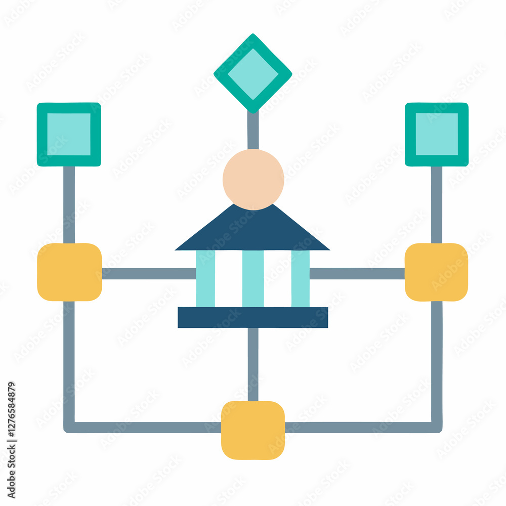 Poster diagram showing a building with geometric shapes connected by lines and a white background behind it