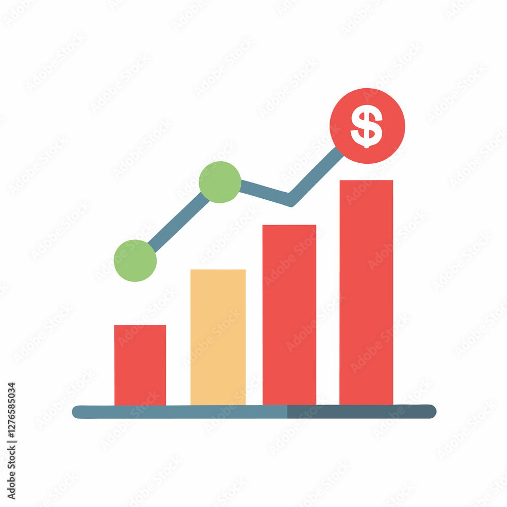 Poster a bar graph showing an upward trend with a dollar sign on the highest bar in a flat design style. bu