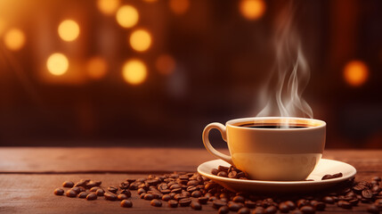 Obraz premium Tasse de café ou cappuccino. Boisson chaude, ambiance chaleureuse et relaxante. Arrière-plan pour conception et création graphique.