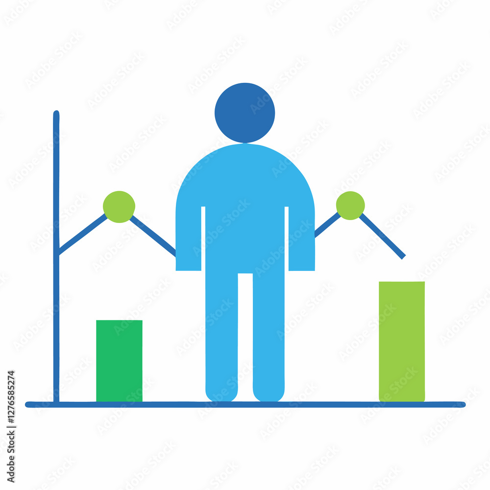 Poster a figure standing with bar graphs and lines connecting them in blue and green on a white background.