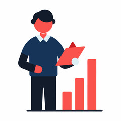 A person holding a clipboard standing next to a bar graph with red bars of varying heights shown. Business themed Graphic resource.