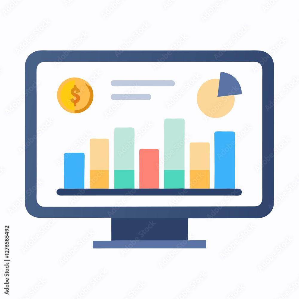 Poster a computer monitor displaying a bar graph, pie chart, dollar coin, and menu icon on a white backgrou