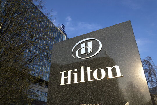 Hilton hotels and resorts logo on the building of Hilton Prague hotel on March 31, 2016 in Prague, Czech republic.