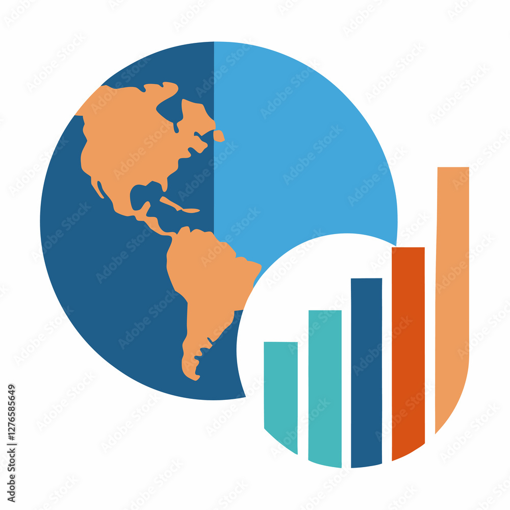 Poster a graphic showing a globe with north and south america and a bar graph showing increasing values. bu