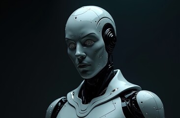 Futuristic Humanoid AI Robot with Expressive Face in high-tech laboratory. AI industry branding, robotics companies, tech innovation marketing, futuristic film concepts. background, wallpaper, banner