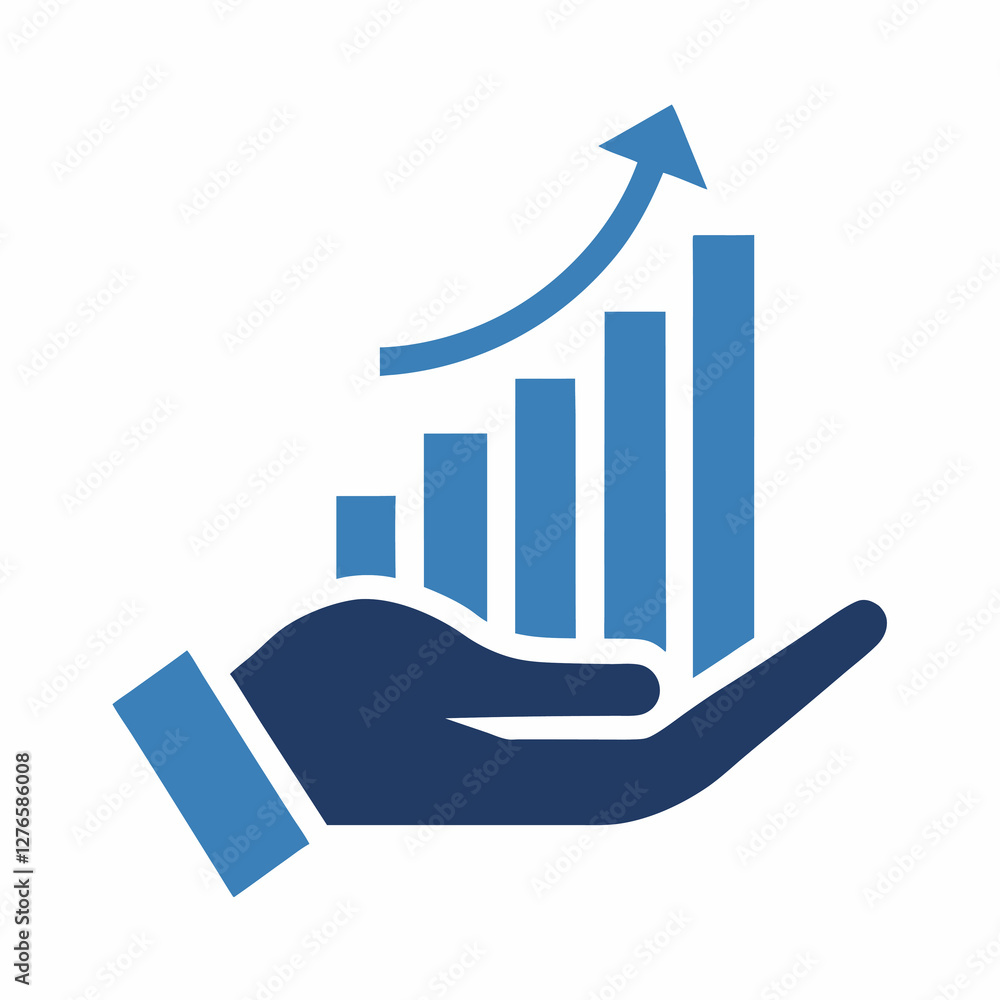 Poster a blue hand holding a bar graph with an arrow pointing upwards on a white isolated background view. 