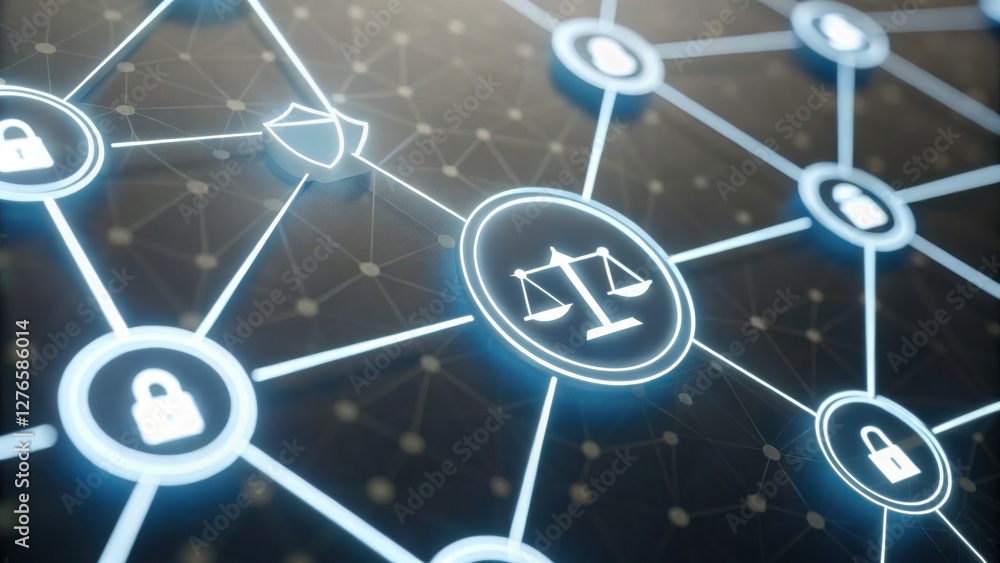 Poster digital network symbolizing justice with scales and secure connections represented by locks and shie