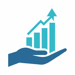A hand holding a bar graph with an upward trending line and arrow pointing up on a white background. Business themed Graphic resource.