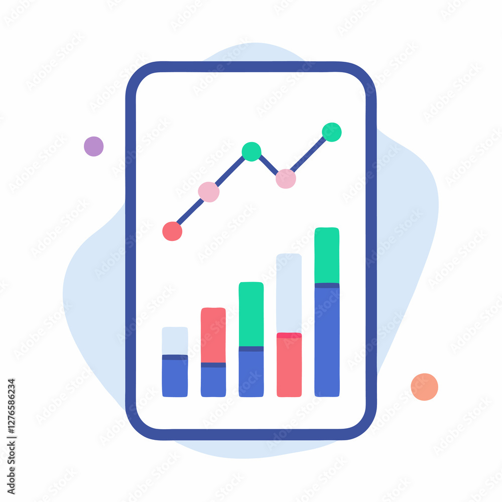 Poster illustration of a graph on a tablet showing bars and a line with dots on a white background. busines