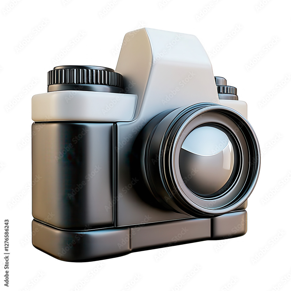 Poster a detailed 3d render of a camera design showcasing an isolated black object with realistic features 