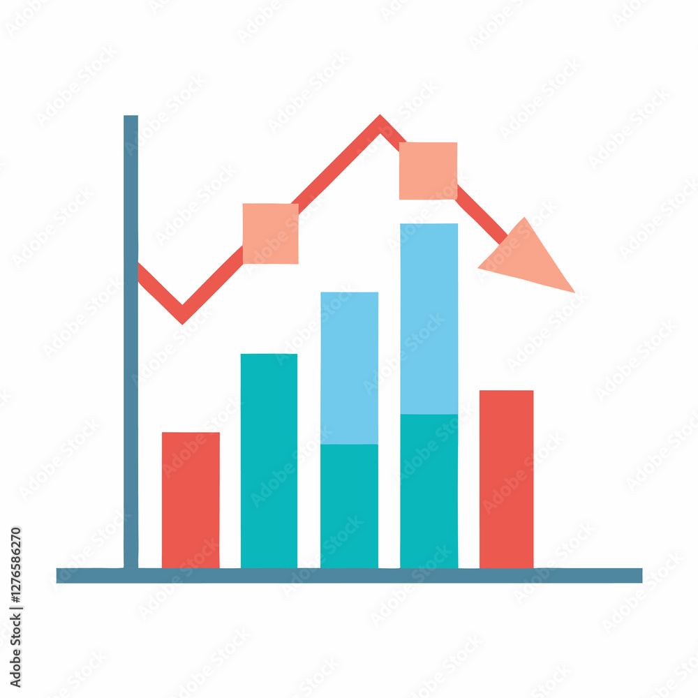 Poster a bar graph with red line and arrow showing downward trend in business or financial performance data