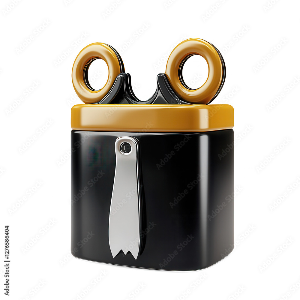 Aufkleber a realistic 3d render of a black and gold scissors container with a shiny finish, designed for pract
