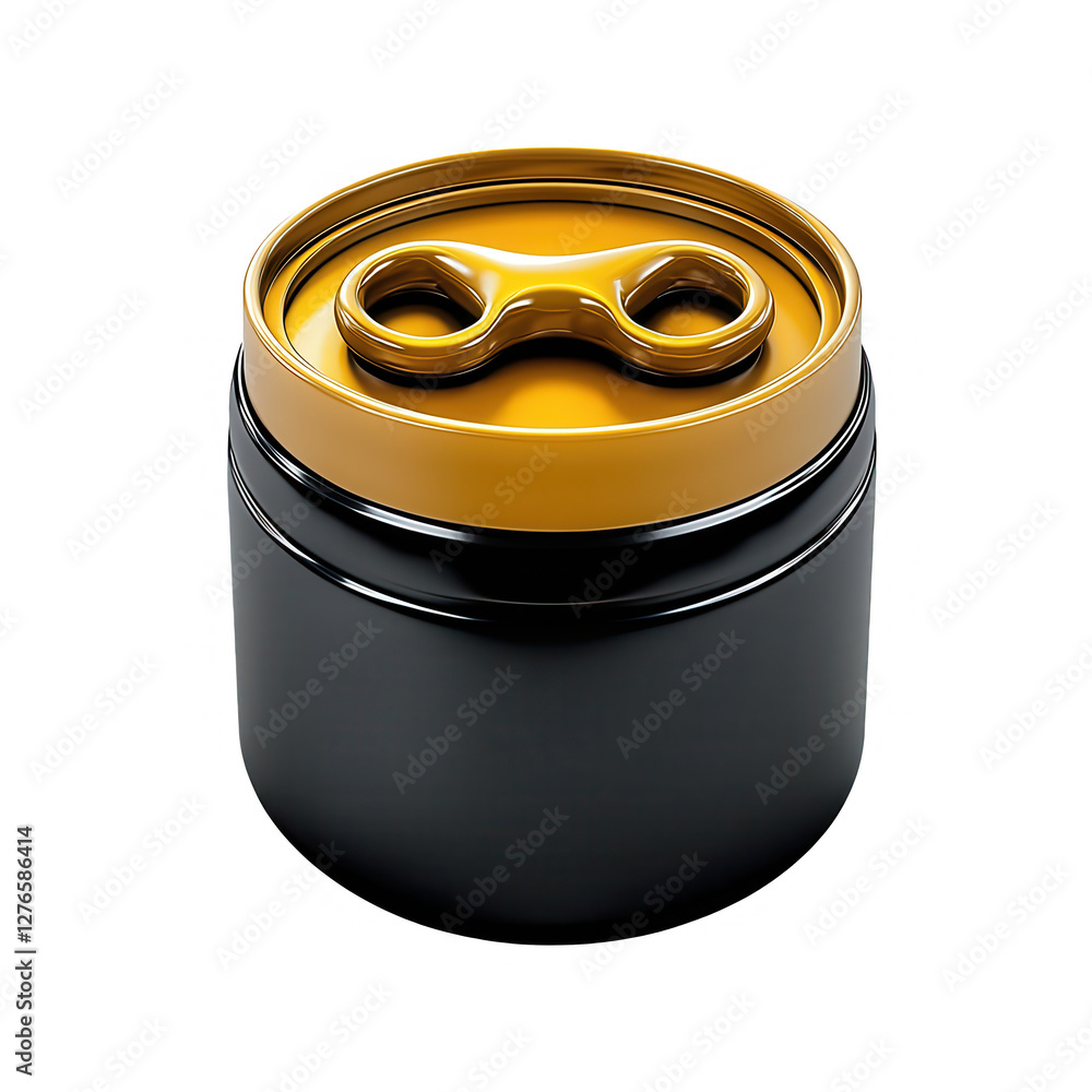 Poster a sleek 3d render of a black can with a stylish gold lid. the model is isolated on a dark background