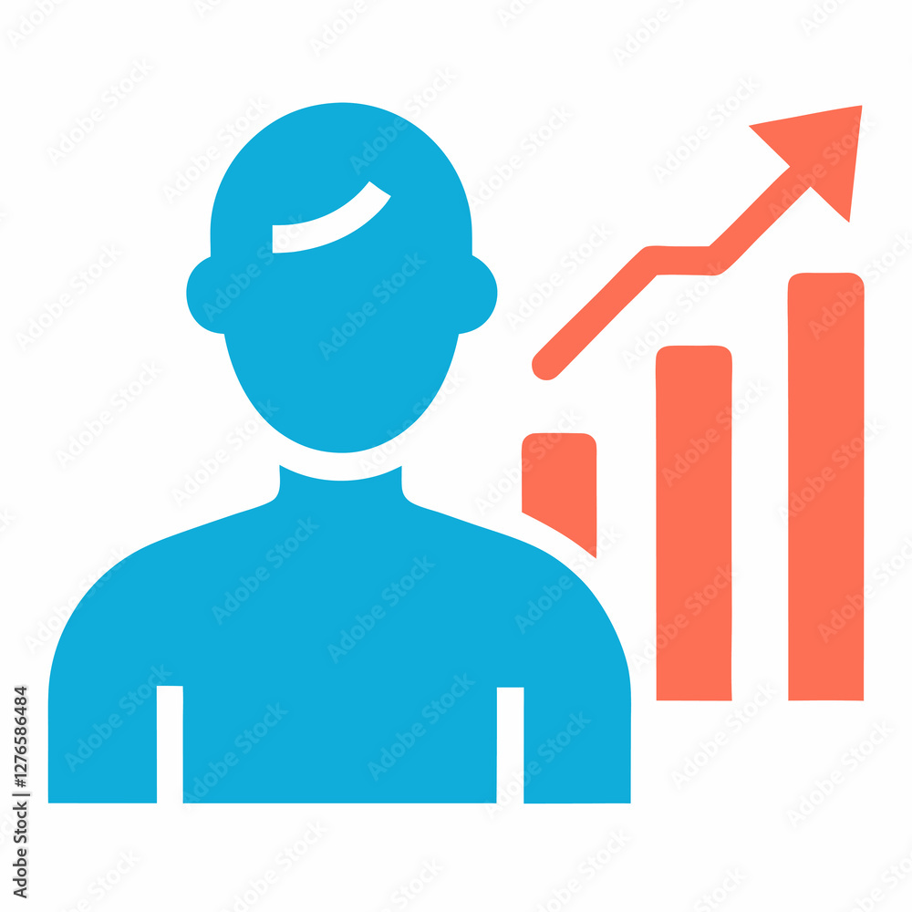 Poster a blue person icon with an orange upward trending bar graph and arrow on an isolated white backgroun