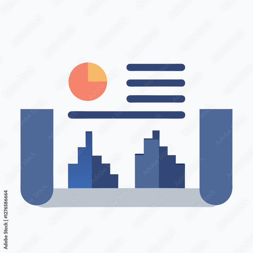 Aufkleber illustration of a business report with a pie chart and bar graphs on a paper roll format. business t