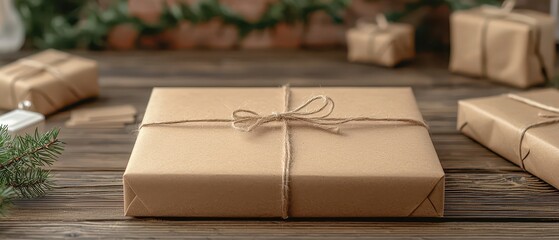 Wrapped gift box on a rustic wooden table with greenery in the background.