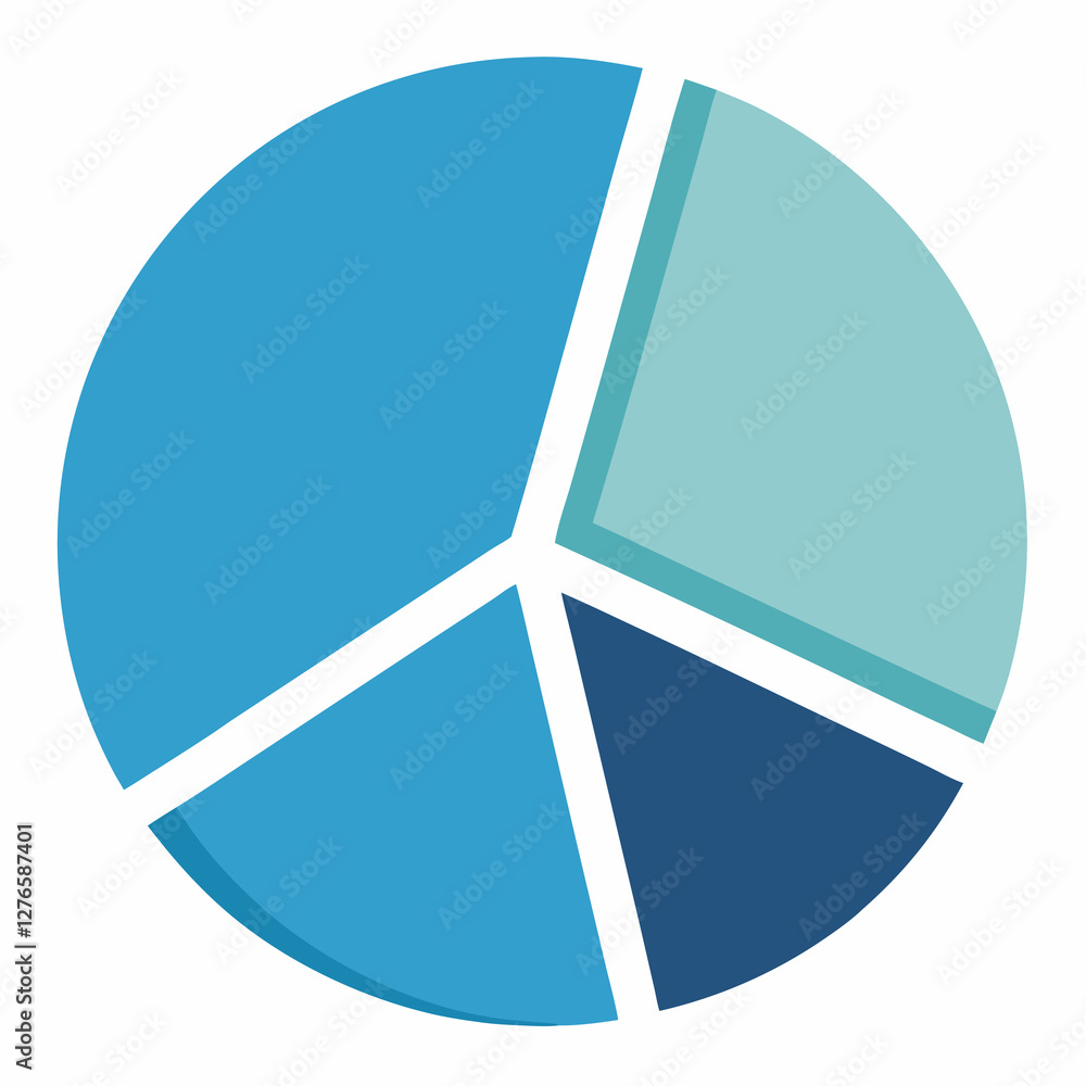 Poster a pie chart divided into four sections with varying shades of blue color on a white background . bus