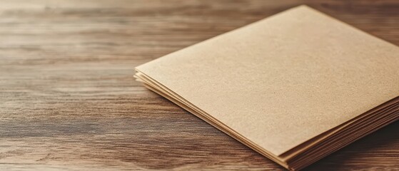 Stack of brown recycled paper on a wooden table surface.