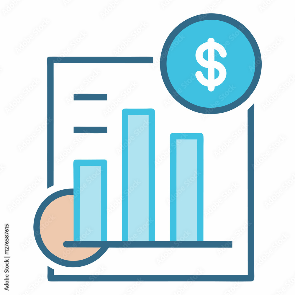 Poster a stylized icon showing a bar graph with a dollar sign representing financial data and analysis. bus