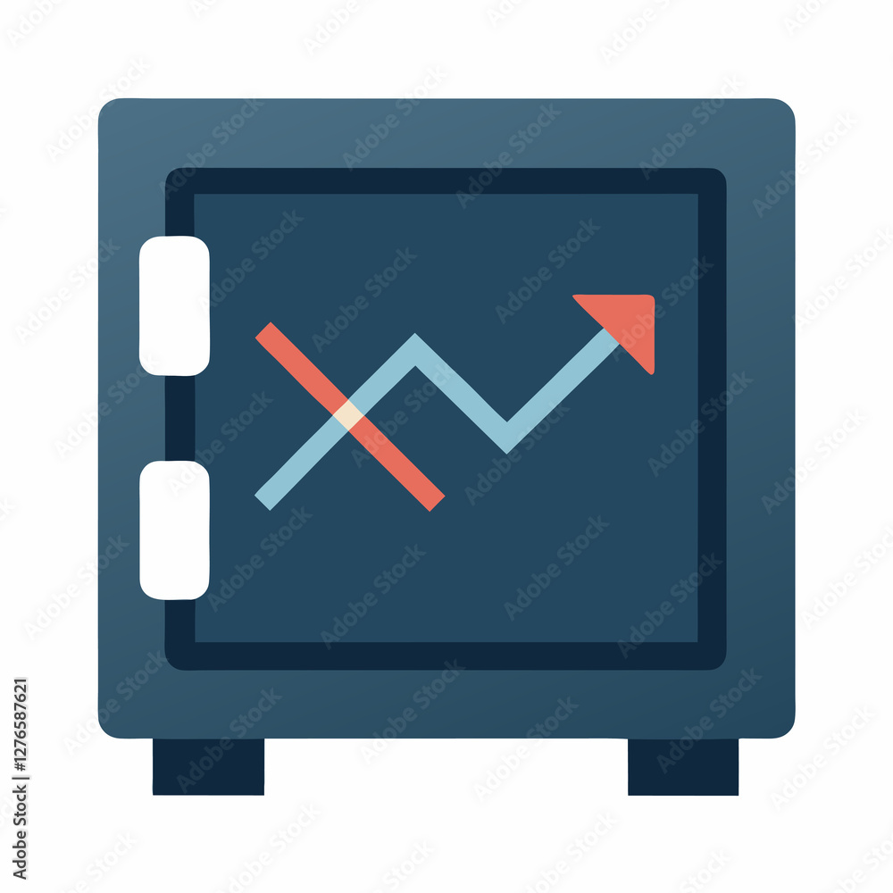 Poster a blue safe with a red x and a blue line graph going up to the right on a white background icon. bus