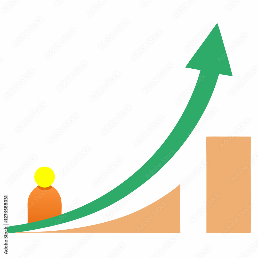 Poster a green arrow pointing upward with a yellow circle and orange shapes on a white background image. bu
