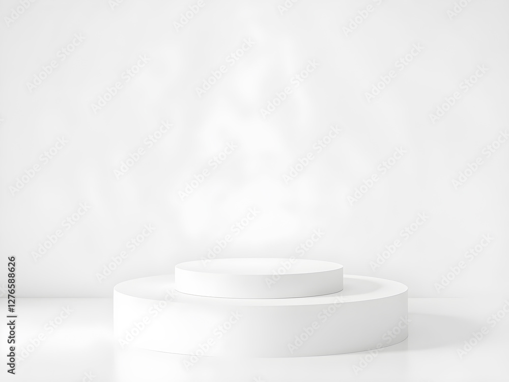Poster 3d rendering of white round podium on white background with shadows.