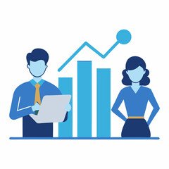 Business team reviewing financial growth in flat vector style chart