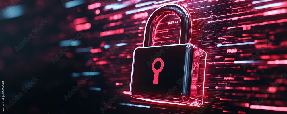 Poster abstract ai-driven cybersecurity defense system, neon-lit digital padlock surrounded by encrypted da