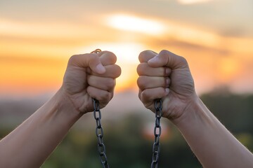 Hands breaking free from chains at sunset 