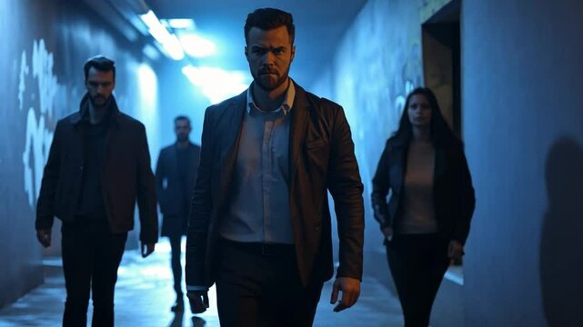 The Team's Silent March: A determined team strides confidently down a dimly lit corridor, their faces set with purpose, creating an atmosphere of suspense and impending action.