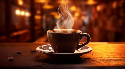 Fototapeta premium Tasse de café ou cappuccino. Boisson chaude, ambiance chaleureuse et relaxante. Arrière-plan pour conception et création graphique.